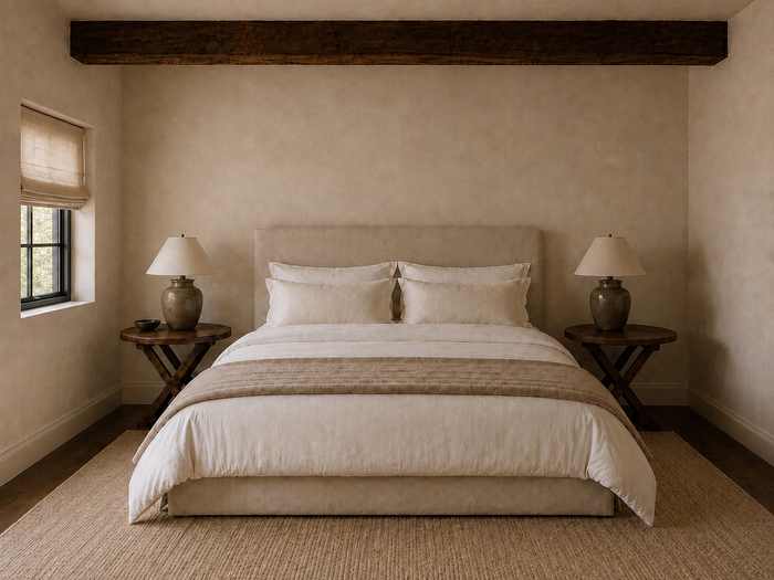 The bedroom, with linen blinds and a beam overhead