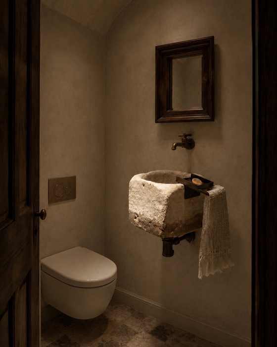The powder room, with an antique stone basin
